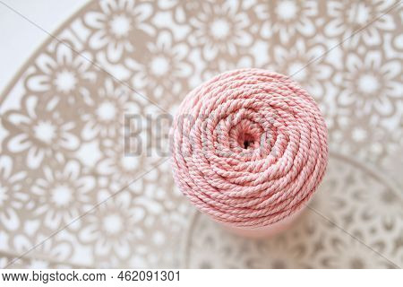 Handmade Macrame Braiding And Cotton Threads In Basket On White Background. Cotton Macrame Cords And