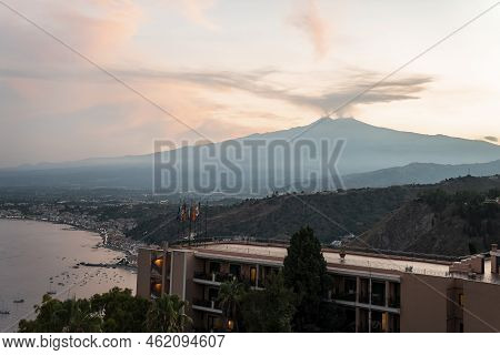 View Of Hotel Elios Overlooking Volcanic Mount Etna With Sky In Background