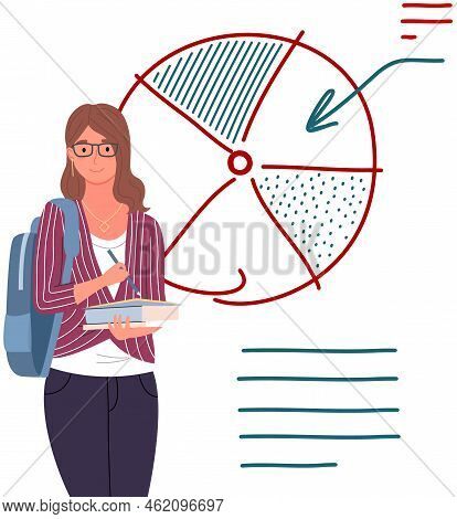 Businesswoman Analyzing Graph Analyst Makes Presentation At Meeting. Business Plan With Charts And D