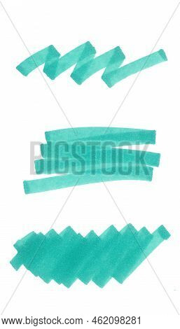 Set Of Blue Marker Strokes Different Shapes. Blue Spots Isolated On White Background. Strokes Drawn 