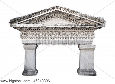 Front View Closeup Of Ancient Architectural Temple Frontispiece With Marble Arcade Archway With Ston