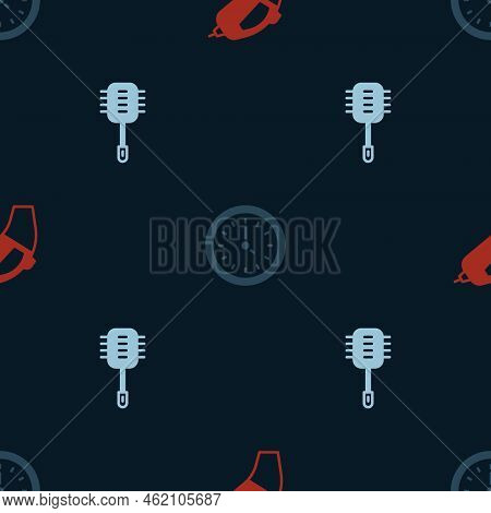 Set Portable Vacuum Cleaner, Clock And Toilet Brush On Seamless Pattern. Vector