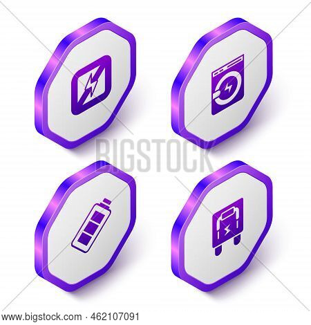 Set Isometric No Lightning, Washer, Battery Charge And Electrical Panel Icon. Purple Hexagon Button.