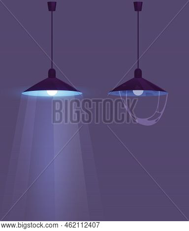Ceiling Lamp In Cartoon Style. Chandelier Hanging On Cable With Light On In Dark Room. Element Of In