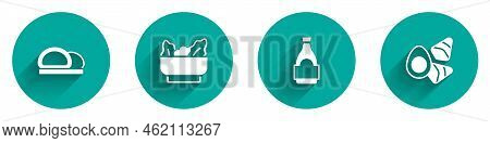 Set Sushi, Wonton, Soy Sauce Bottle And Chicken Egg With Vegerables Icon With Long Shadow. Vector