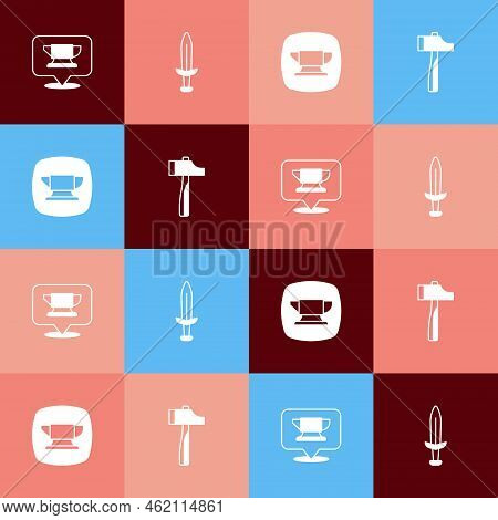 Set Pop Art Blacksmith Anvil Tool, Medieval Sword, And Hammer Icon. Vector