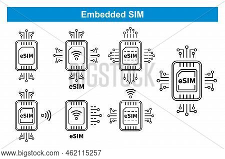 Esim Embedded Sim Chip Card Mobile Cellular Communication Technology Line Icon Set. Phone Simcard. M