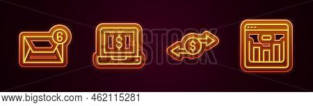 Set Line Mail And E-mail, Laptop With Dollar, Money Exchange And Browser Stocks Market. Glowing Neon