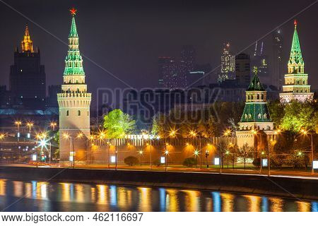 Kremlin Towers Illuminated At Evening With River Moscva Reflection, Moscow, Russia