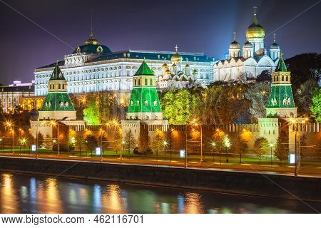 Kremlin Towers Illuminated At Evening With River Moscva Reflection, Moscow, Russia