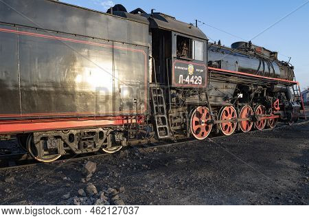 Sortavala, Russia - October 07, 2021: Soviet Freight Locomotive L-4429 (lebedyanka) Close-up On A Su