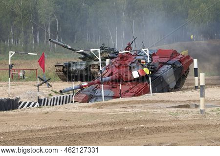 Moscow Region, Russia - August 19, 2022: Two Tanks T-72b3 The Teams Of Sudan And South Ossetia On Th