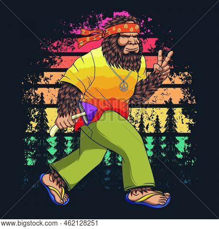 Bigfoot Hippie Walking Retro Vector Illustration For Your Company Or Brand