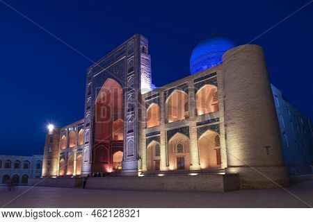 Medieval Mir-i-arab Madrasah In Night Illumination. Bukhara, Uzbekistan