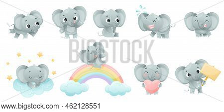 Funny Grey Elephant With Large Ear Flaps And Trunk Enjoying Different Activity Vector Set