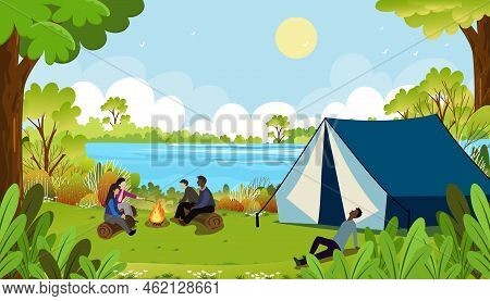 Family Enjoying Vacation Camping By The River At Countryside In Spring,vector Summer Camping With Gr