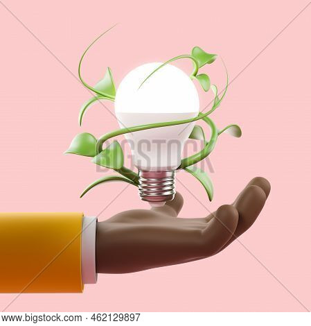 Black Cartoon Hand Holding Aight Bulb Wrapped In Plant Leaves On Pink Background, Green Energy And R
