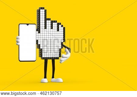 Pixel Hand Cursor Mascot Person Character And Modern Mobile Phone With Blank Screen For Your Design 