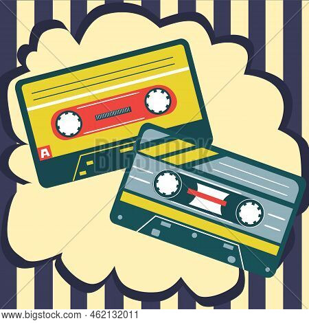 Retro Cassette. Audio Record. Listen To Music. Stereo Mixtape. Stripes And Cloud Shape. Old Multimed