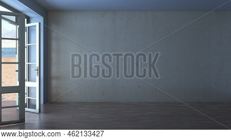 Dark Room With Open Doors Overlooking The Beach, Yellow Sand And Clouds. Sea View Interior With Dark