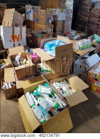 Food An Hygiene Humanitarian Aid For Ukraine Sorted In Parcels Before Send Out To Temponary Moved Pe