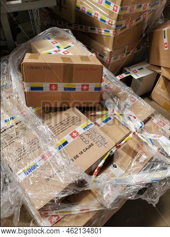 Boxes With Humanitarian Aid For Ukraine In Volunteer Centre Warehouse. Dnipro, Ukraine - 06.30.2022