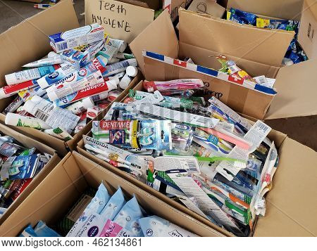 Food An Hygiene Humanitarian Aid For Ukraine Sorted In Parcels Before Send Out To Temponary Moved Pe