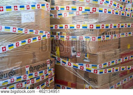 Boxes With Humanitarian Aid For Ukraine In Volunteer Centre Warehouse. Dnipro, Ukraine - 06.30.2022