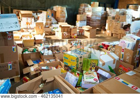Food An Hygiene Humanitarian Aid For Ukraine Sorted In Parcels Before Send Out To Temponary Moved Pe