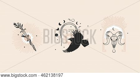 Hand Drawn Vector Abstract Stock Flat Graphic Illustration With Logo Element, Bohemian Magic Art Of 