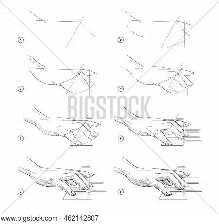 Page Shows How To Learn To Draw Sketch Of Humans Hand Playing Piano. Creation Step By Step Pencil Dr