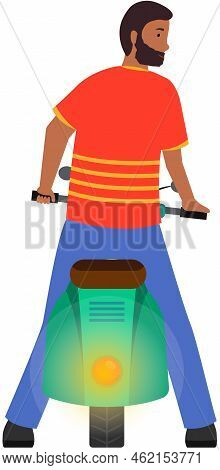 Driving Indian Man On Road Isolated On White Background. Asian Driver Moves Along City Street. Means