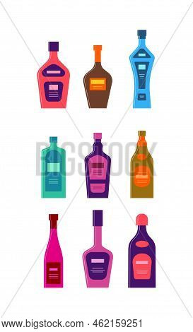 Set Bottles Of Tequila Rum Gin Schnapps Liquor Whiskey Wine Cream Rum. Icon Bottle With Cap And Labe