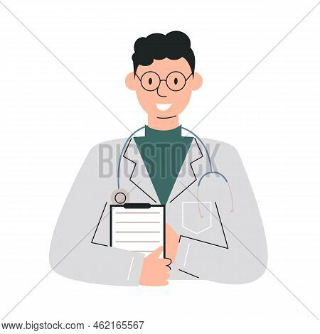 Male Doctor With Stethoscope And Clipboard Isolated On White. Man Therapist Holding Examination Fold