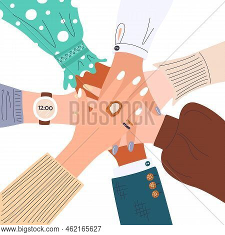 Teamwork And Cooperation Concept With Different Female Hands In Center. Businesswomen With Stack Of 