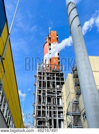 Large-capacity Workshop For The Production Of Granular Carbamide With Copyspace. Appearance On The G