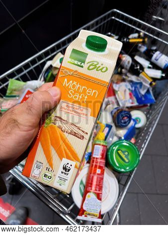 Frankfurt, Germany - Sep 17, 2022: Pov Male Hand With Mohren Saft Carrots Juice Pack Bio Organic By 