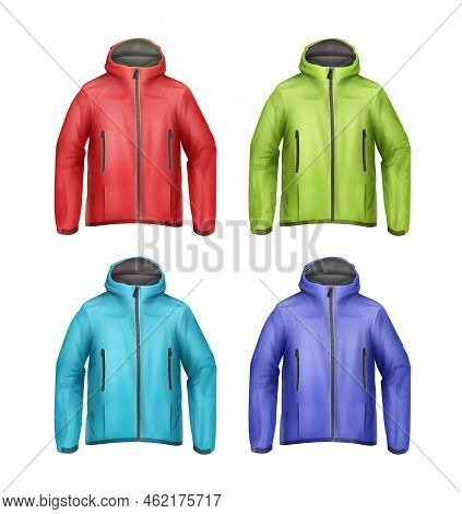 Vector Set Of Blue, Green, Red, Turquoise Softshell Unisex Sport Jackets With Hood Front View Isolat