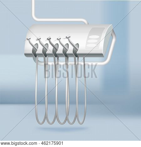 Vector Dental Drilling Machine And Tools In Stomatological Clinic With Blur Background