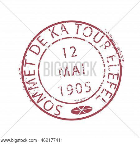 Red Post Mark. Round Stamp With Inscription Sommet De Ka Tour Elefel. International Communication, B