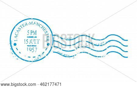 Blue Post Mark. Round Stamp With Inscription Lacaster, Manchester And Curve Lines. Communication, In