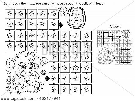 Maze Or Labyrinth Game. Puzzle. Coloring Page Outline Of Cartoon Little Bear Cub With Barrel Of Hone