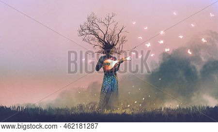 Creature With Branch Head Playing Magic Banjo String Instrument With Glowing Butterflies, Digital Ar