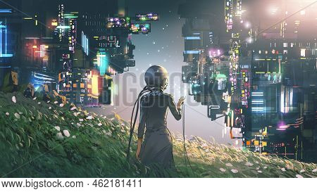Woman Wearing A Futuristic Helmet Standing In A Virtual World, Digital Art Style, Illustration Paint
