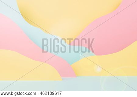Abstract Empty Stage Mockup - Paper Landscape With Mountains Pink, Yellow, Mint Color, Sunbeam Glare