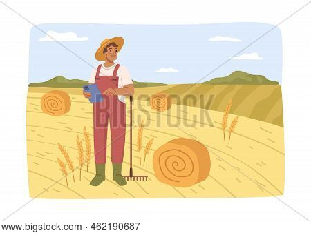 Agronomist With Notebook Checking Agricultural Business At Farm. Farmer On Field With Hay Bales, Har