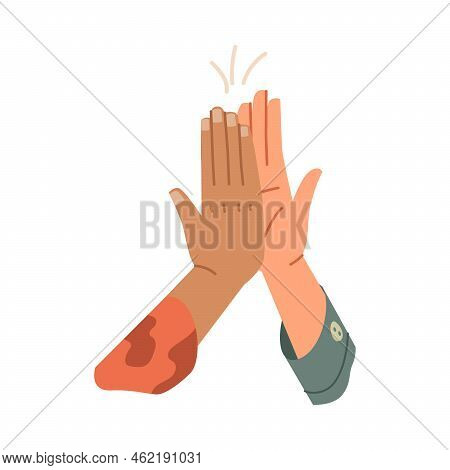 Hand Gesture Used When People Greeting Or Cheering Together. Isolated High Five, Arms Raised Up And 
