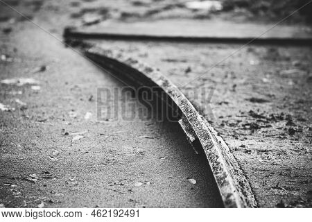Forgotten Things Concept. Old Wooden Abandoned Rowing Boat Flooded. Hopelessness, Loss Of Normalcy. 