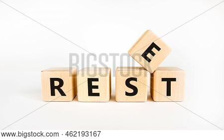 Reset Symbol. The Concept Word 'reset' On Wooden Cubes. Beautiful White Table, White Background. Bus
