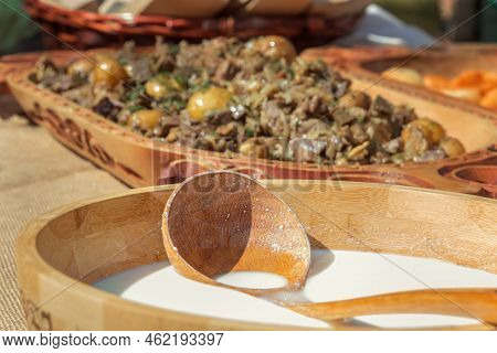 Traditional Asian Wooden Utensils With Mare's Milk Koumiss Or Camel's Milk - Shubat On The Backgroun
